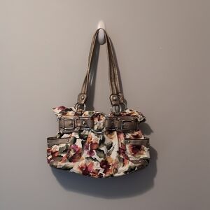 Cream and Gold Floral Shoulder Bag with Leather Straps